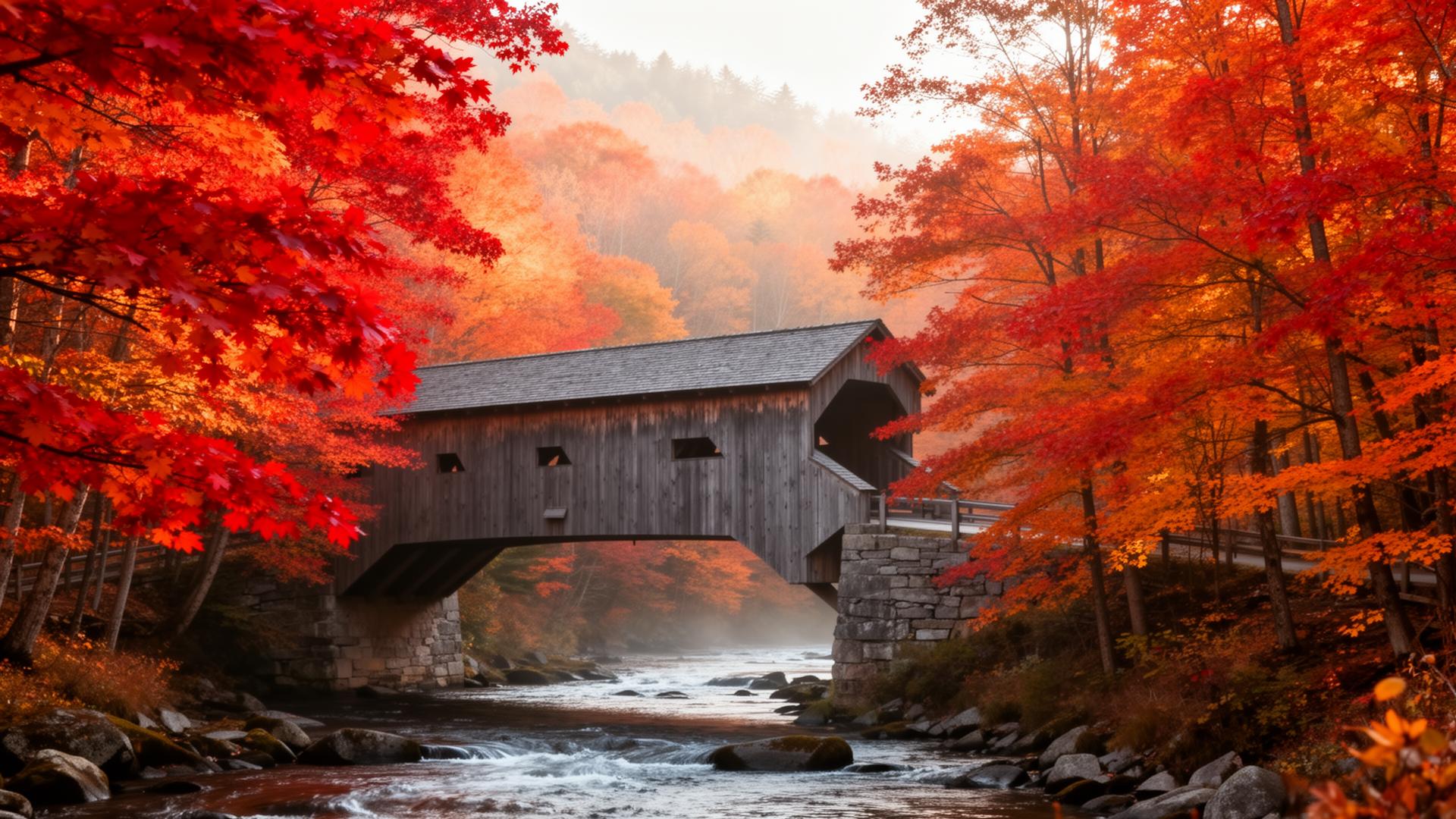 Covered bridge surrounded by Vermont fall foliage