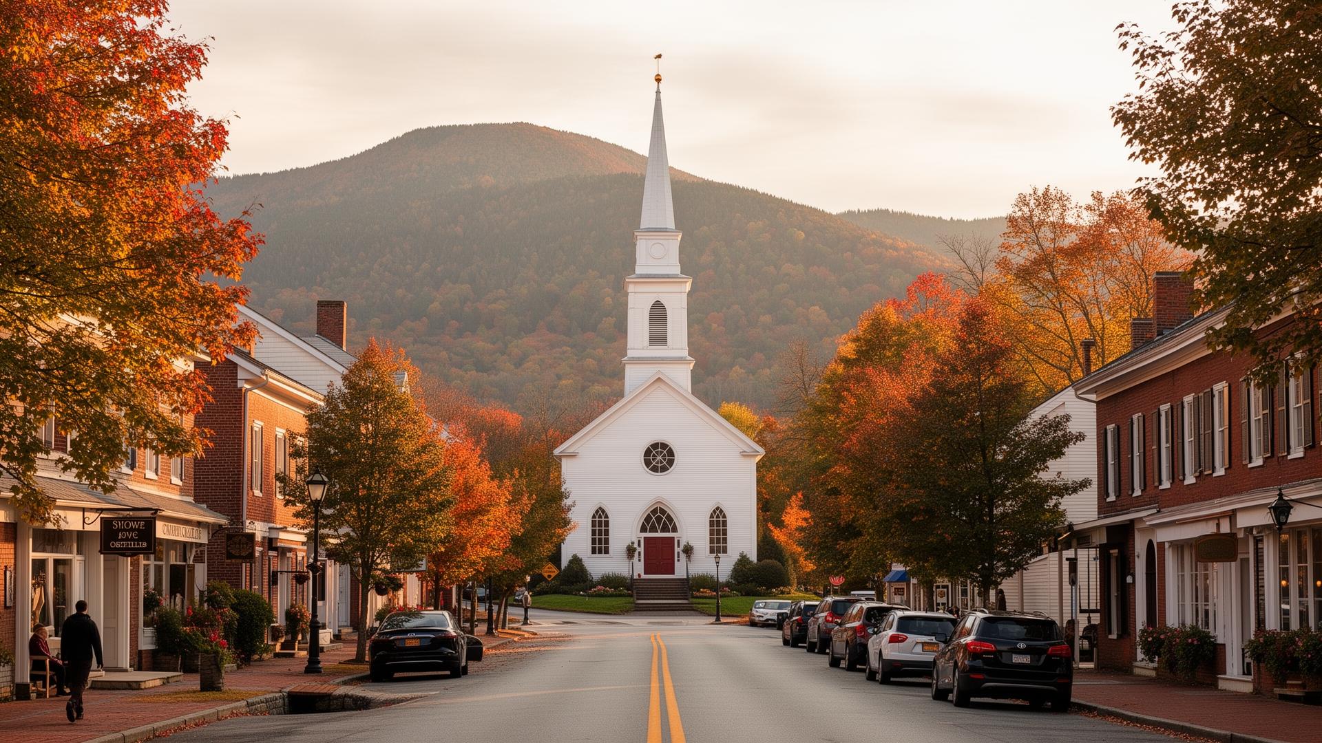 Historic Stowe village with white church steeple